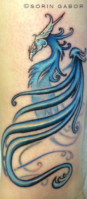 Tattoos - Color wind phoenix on leg - 112093